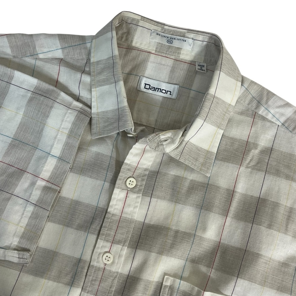 DAMON Men's Cotton Linen Short Sleeve Plaid‎ Shirt XL